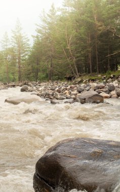 Ürün sunumu için yaz modeli konsepti. Dağ nehrinde taş bir platform, güzel doğanın arasında. Yaklaş. Arka planda dağ manzarası var.