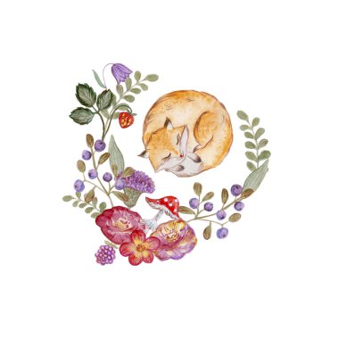 Komik renkli turuncu tilki çiçeklerin yanında uyuyor ve beyaz yapraklar üzerinde soyutlanıyor.