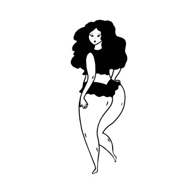 Bikinili güzel bir kadın beyazlar içinde yalnız poz veriyor.