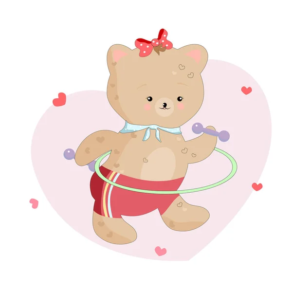 Lustiger Teddybär Macht Übungen Hintergrund Mit Herzen — Stockvektor