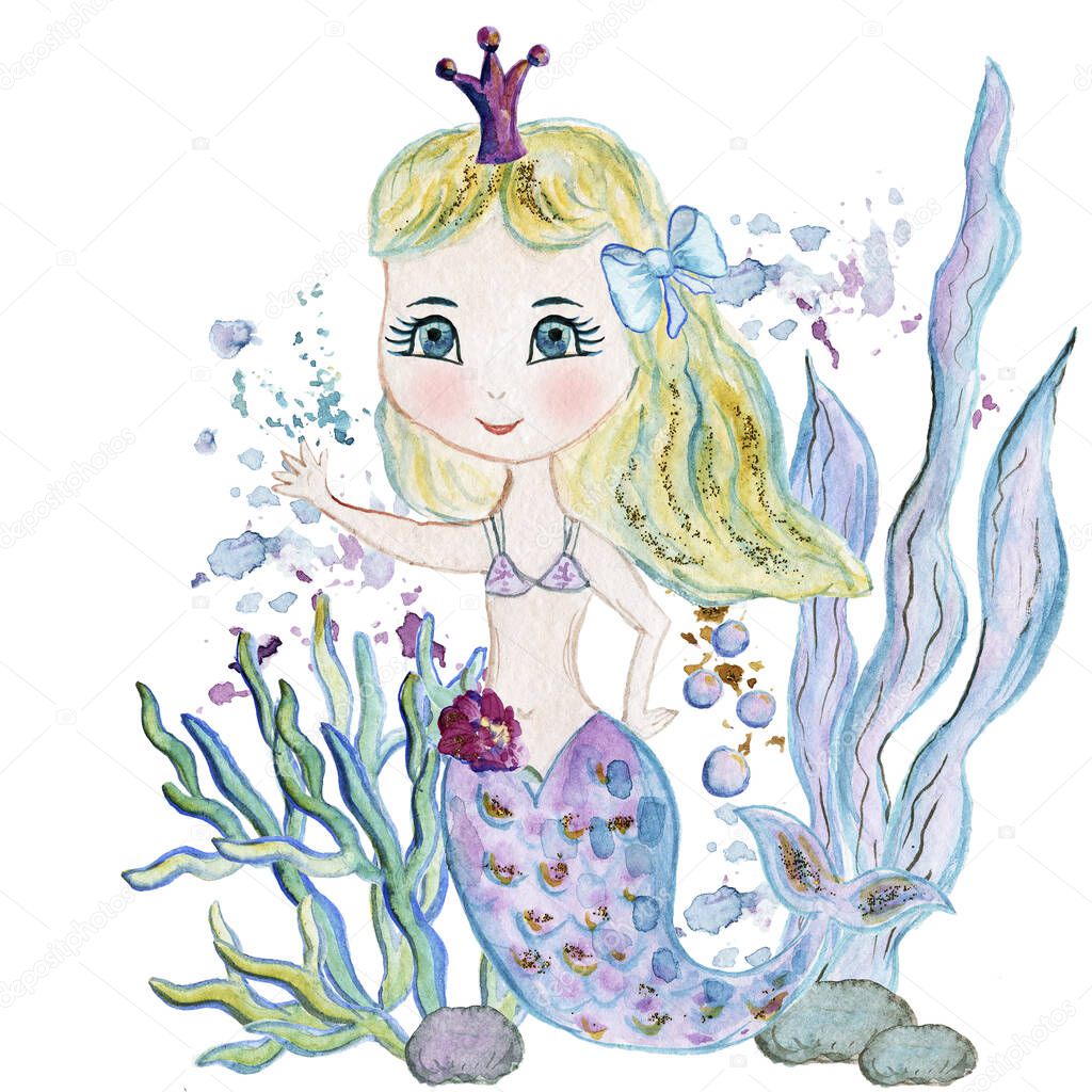 Mermaid with a crown, seaweed. Watercolor illustration. 