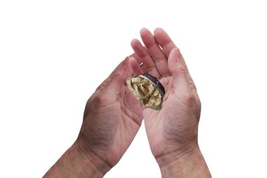 Kırpılmış beyaz ellerde küçük bir çanta tutan adamın görüntüsü.