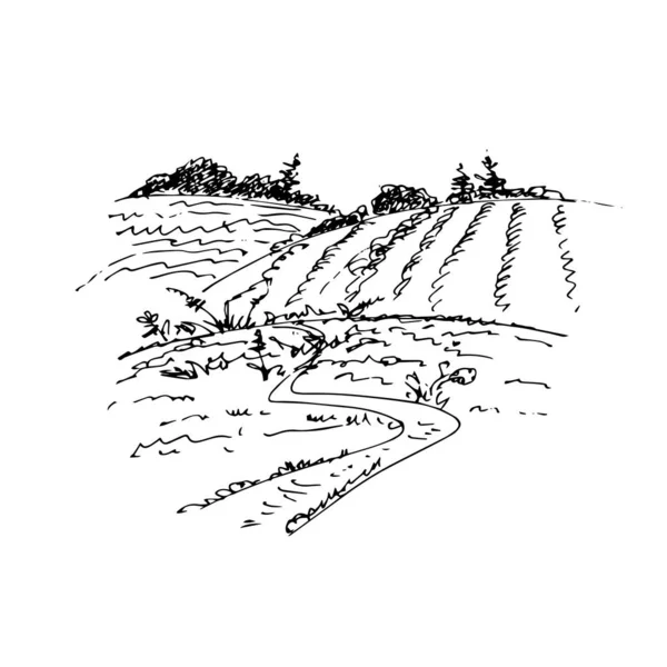 Boceto Dibujado Mano Del Paisaje Rural — Vector de stock