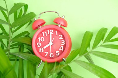 Bir palmiye ağacının yaprakları arasında yeşil bir zemin üzerinde kırmızı alarm saati.