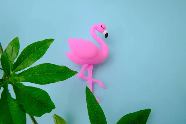 Rosafarbener Flamingo Und Grüne Blätter Auf Blauem Hintergrund — Stockfoto