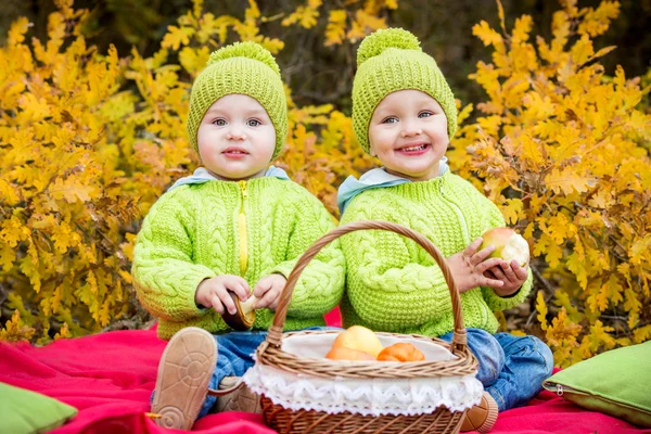Happy little kids twin brothers on walk — Stock Photo, Image