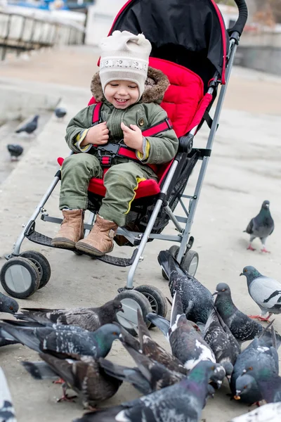 Criança rindo bebê no carrinho — Fotografia de Stock