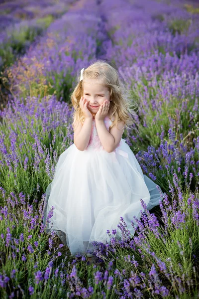 Portret lachende peuter meisje in lavendel — Stockfoto