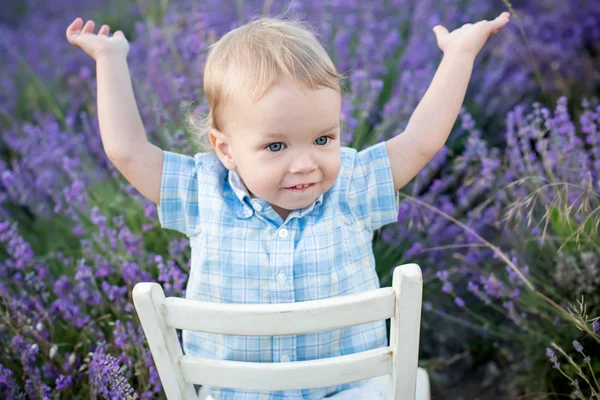 Lycklig pojke lavendel sommartid — Stockfoto