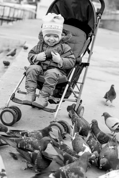 Criança rindo bebê no carrinho — Fotografia de Stock