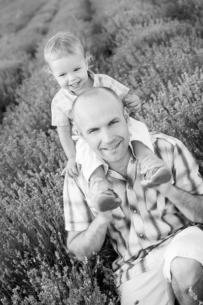 Gelukkig Papa met zoontje in lavendel — Stockfoto