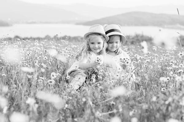 Zwei süße kleine Mädchen, die sich auf dem Feld umarmen — Stockfoto