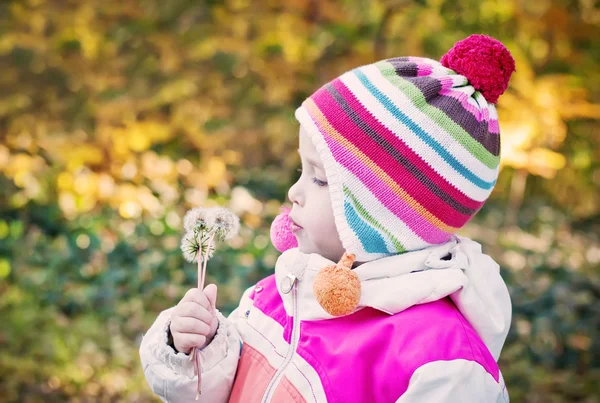 Sevimli küçük kız şişirme Dandelion — Stok fotoğraf