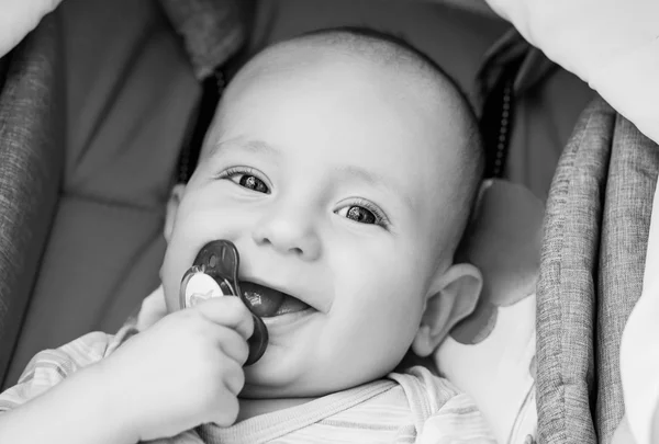 Bebê feliz com chupeta em um carrinho — Fotografia de Stock