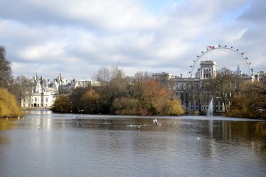 St James parkından binalar ve su yansımaları