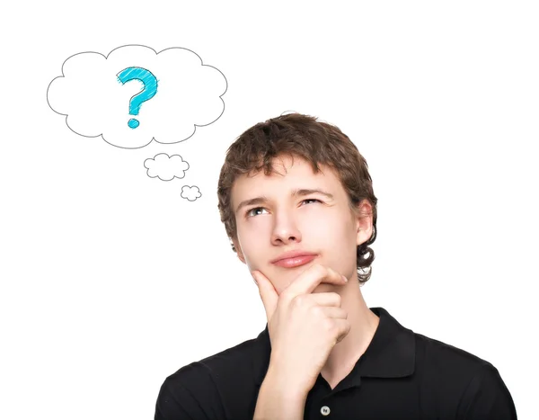 Young man thinking with question mark isolated on white background — Stock Photo, Image