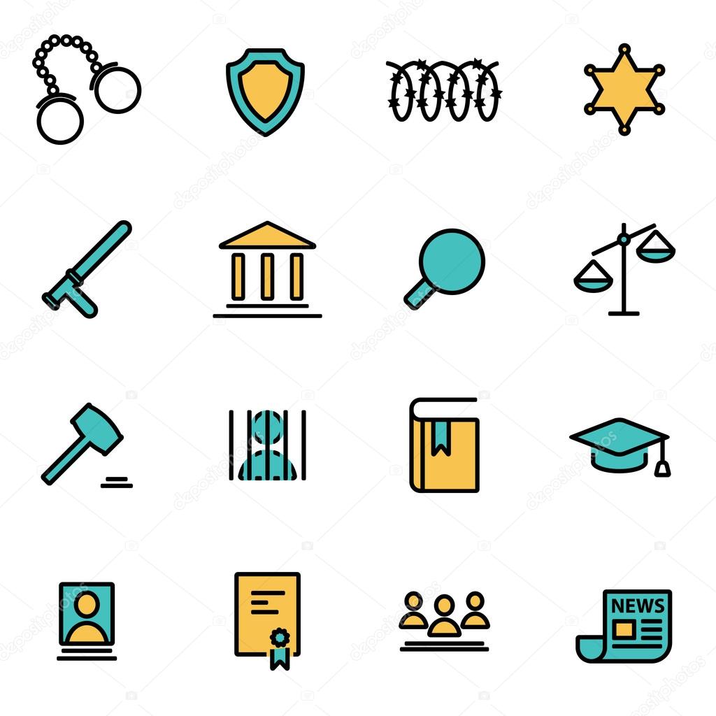 Trendy flat line icon pack for designers and developers. Vector line justice icon set