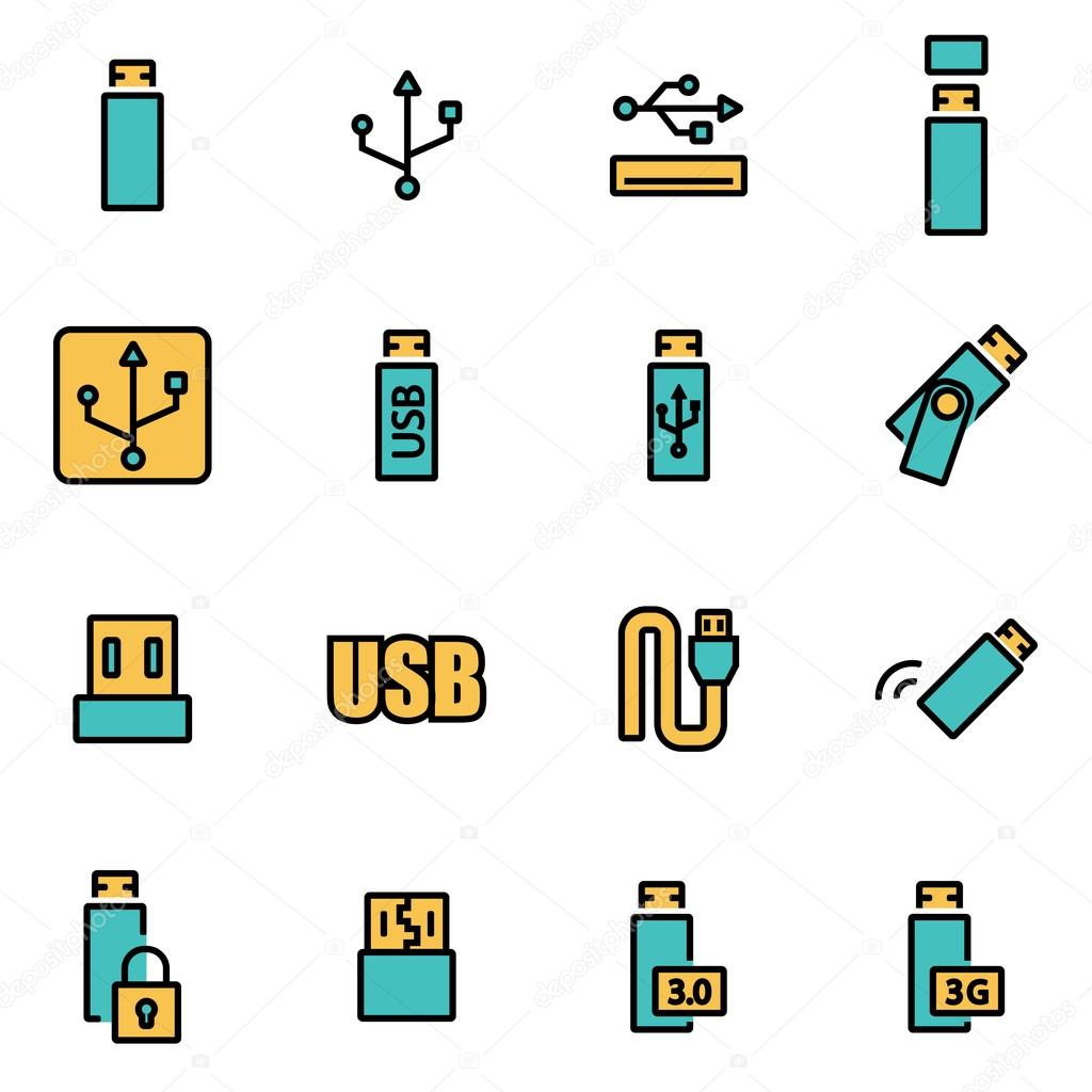 Trendy flat line icon pack for designers and developers. Vector line usb icon set