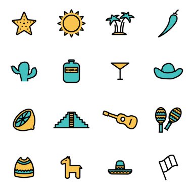 Tasarımcılar ve geliştiriciler için trendy düz çizgi simge paketi. Vektör çizgisi meksika simge seti