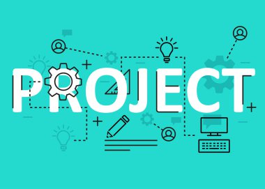 Proje kavramı düz çizgili Tema simgeleri ve elemanları. Modern proje kavramı vektörler koleksiyonu. Proje kavramı yazı