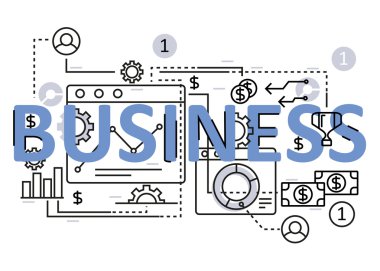 Simgeler ve öğeleri ile Iş kavramı düz çizgi tasarımı. Modern iş konsepti vektörleri koleksiyonu. İş konsepti harfleri