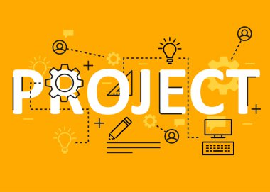 Proje kavramı düz çizgili Tema simgeleri ve elemanları. Modern proje kavramı vektörler koleksiyonu. Proje kavramı yazı