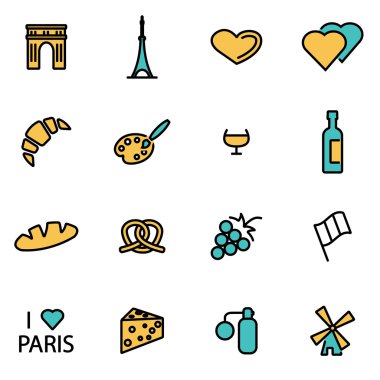 Tasarımcılar ve geliştiriciler için trendy düz çizgi simge paketi. Vektör çizgisi paris simge seti