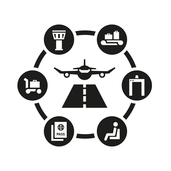 Vector negro icono del aeropuerto conjunto — Vector de stock