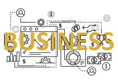 Simgeler ve öğeleri ile Iş kavramı düz çizgi tasarımı. Modern iş konsepti vektörleri koleksiyonu. İş konsepti harfleri