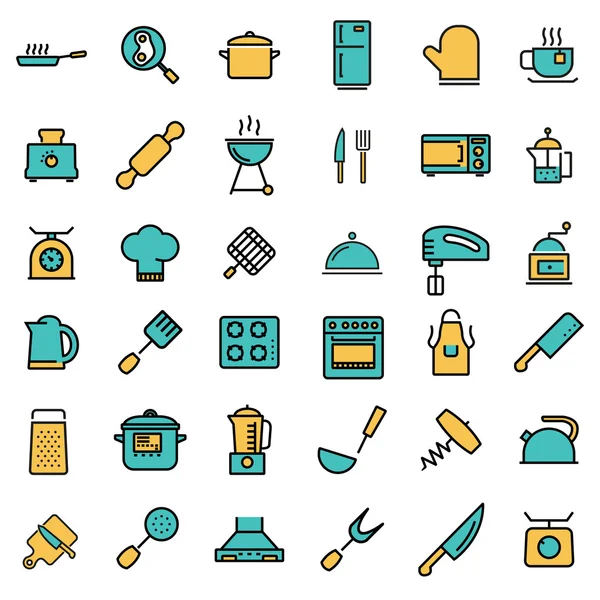 Vector platte lijn keuken en koken icons set — Stockvector