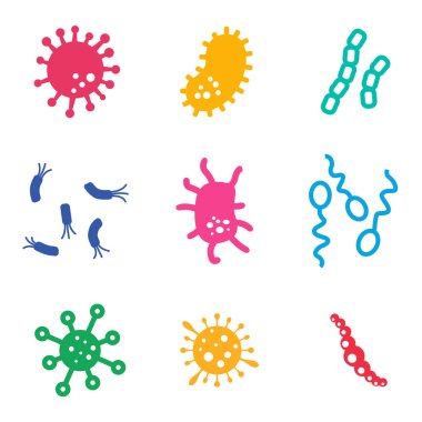 Vektör düz renk bakteri Icons set.