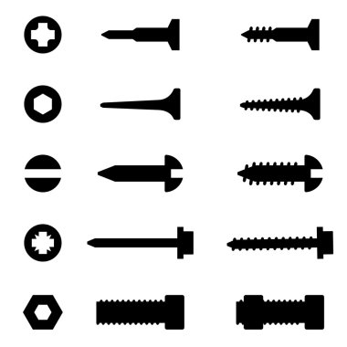 Vektör siyah vida, somun ve Icons set çivi