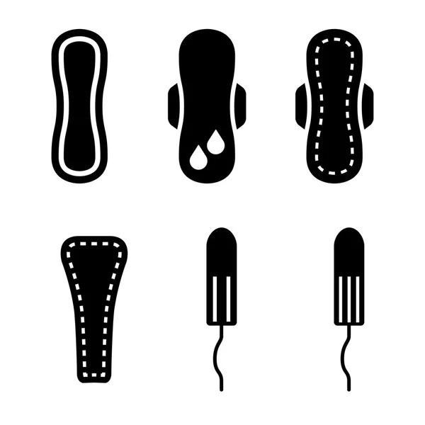 Vector svart menstruationsprodukter produkter ikoner set — Stock vektor