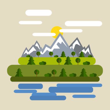 Vektör orman dağ düz tasarımı. Doğal manzaralar.