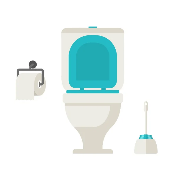 Vector flat toilet, toilet paper, toilet brush, set — Stock Vector