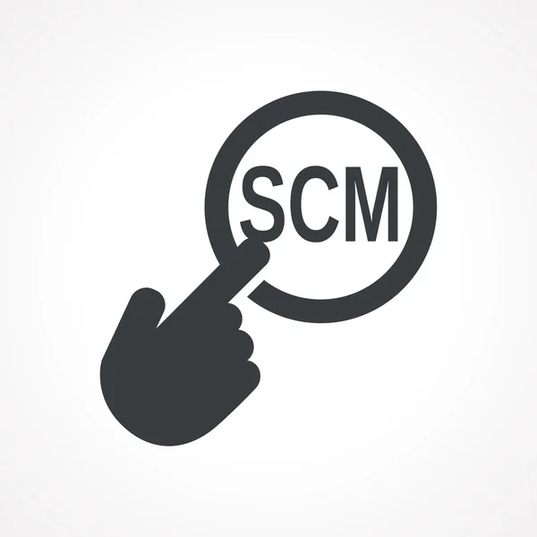 Mano vectorial tocando un icono de botón con la palabra SCM — Vector de stock