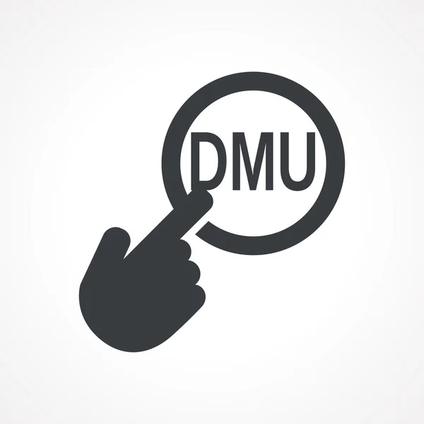 Mano vectorial con tocar un icono de botón con la palabra DMU — Vector de stock