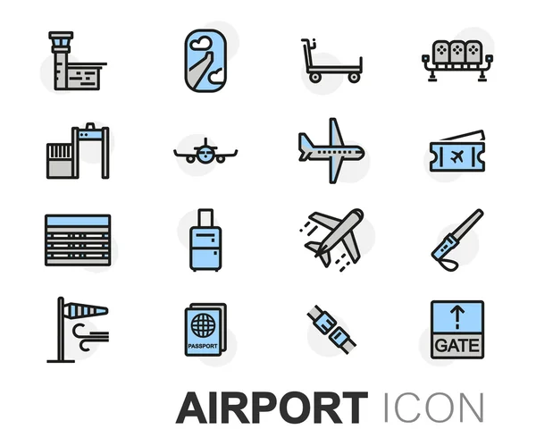 Conjunto de ícones de aeroporto de linha plana vetorial — Vetor de Stock