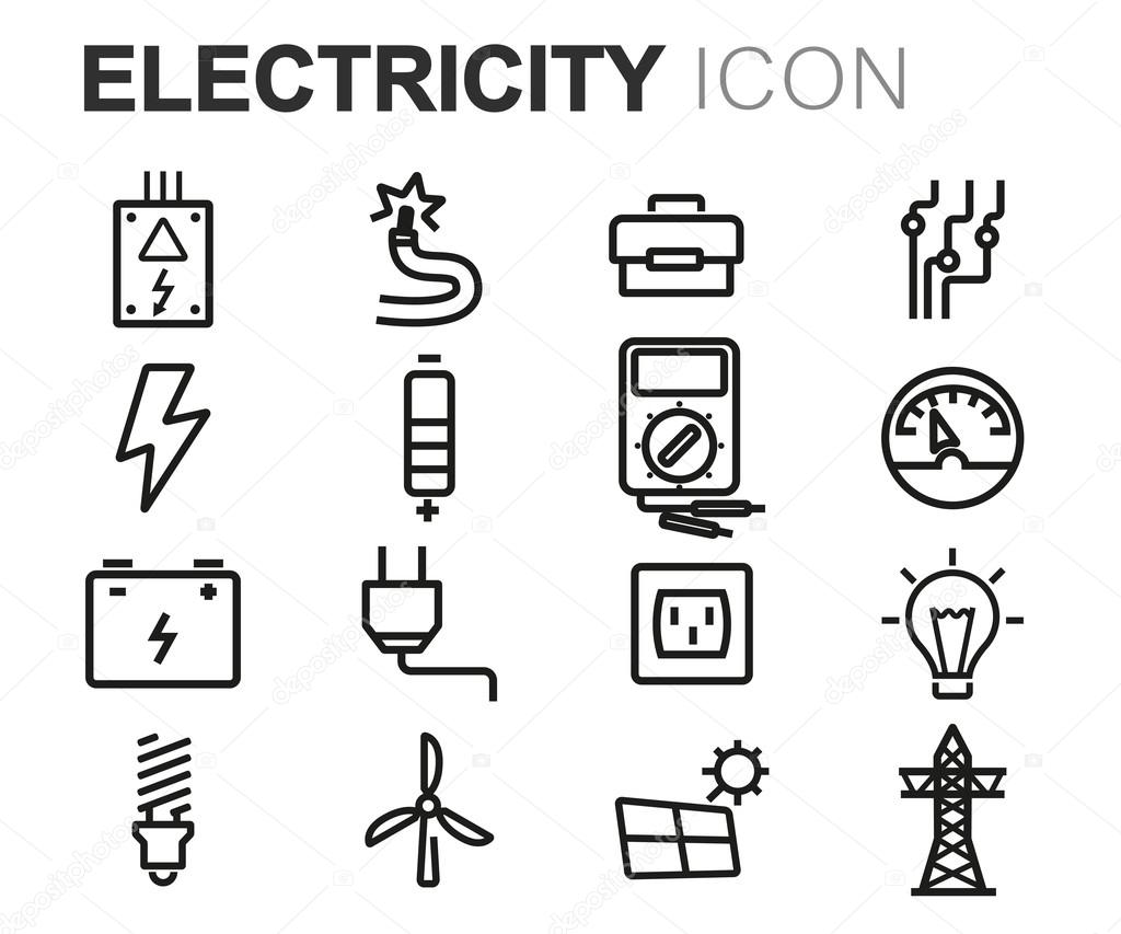 Vector black line electricity icons set