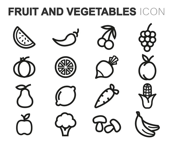 Conjunto de iconos de frutas y verduras de línea negra vectorial — Vector de stock