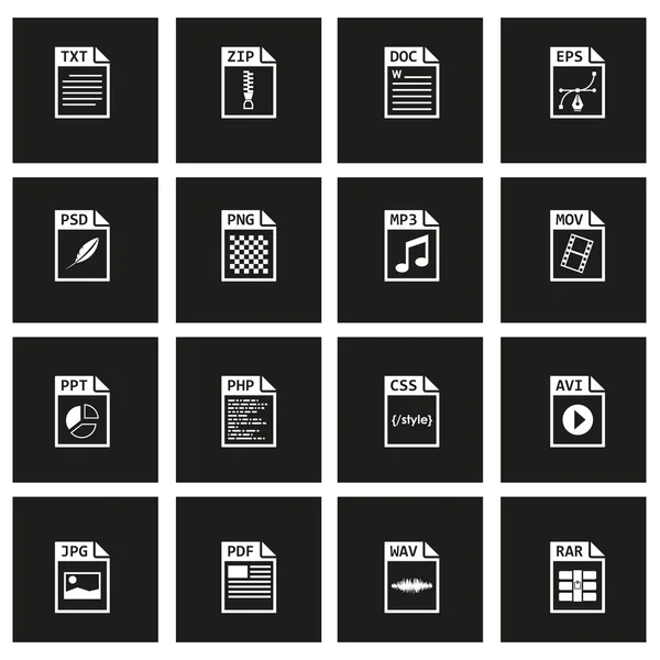 Vector black file type icon set — Stock Vector