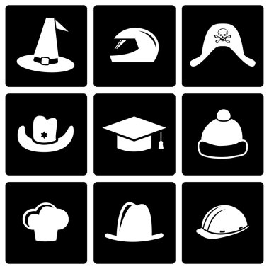 Vektör siyah kask ve şapkası Icon set