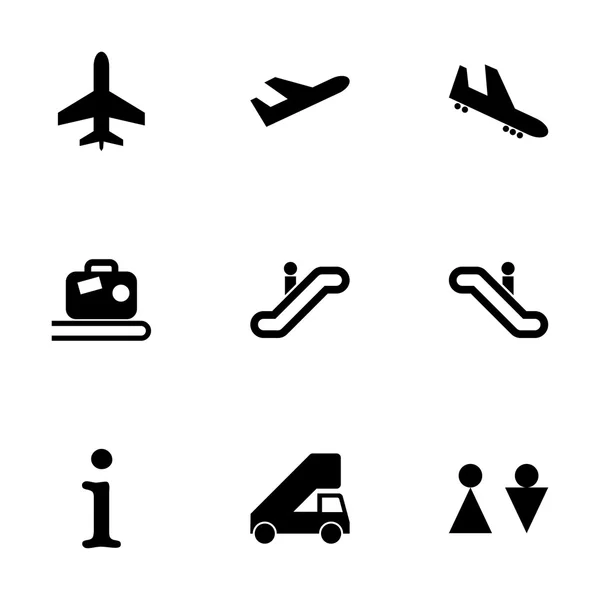 Vector negro icono del aeropuerto conjunto — Vector de stock