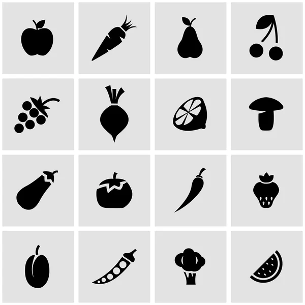 Vector black fruit and vegetables icon set — Stock Vector