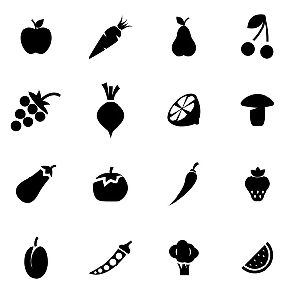 Vector zwarte groenten en fruit pictogrammenset — Stockvector