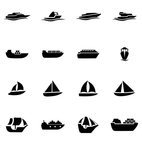 Vektor fekete hajó és csónak ikon készlet — Stock Vector