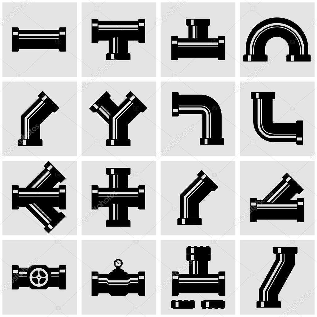 Vector black pipe fittings icon set