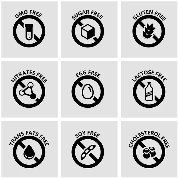 Set de iconos de etiquetas dietéticas de alimentos negros vectores — Vector de stock