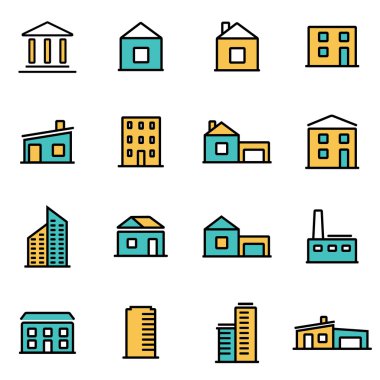 Trendy flat line icon pack for designers and developers. Vector line buildings icon set