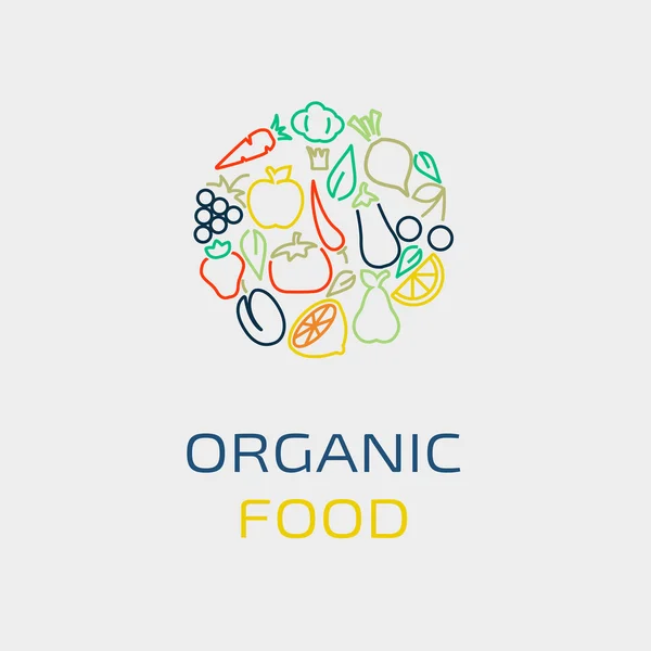 Modèle de conception de logo vectoriel avec des icônes de fruits et légumes dans un style linéaire à la mode — Image vectorielle